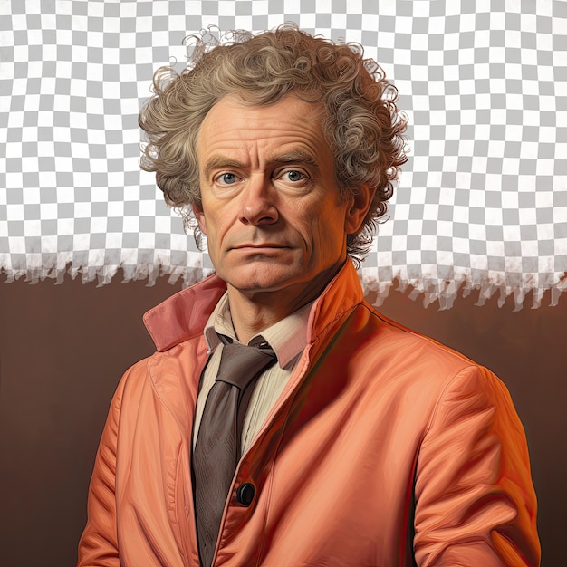 The melancholic nordic physicist curly haired middle aged man poses with a serious tilt on apricot