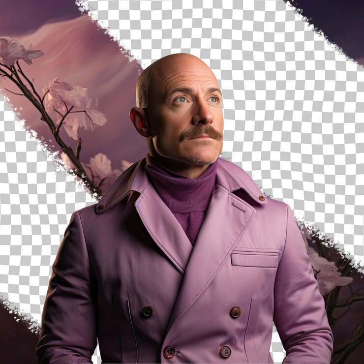 PSD melancholic pacific islander bald entomologist in dramatic shadow against pastel lilac