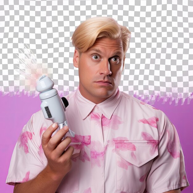 PSD a melancholic pilot pacific islander with blonde hair in hand brushing through hair pose against pastel periwinkle background