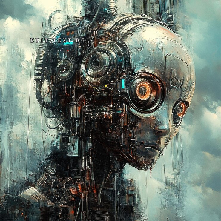 PSD a melancholic robot child with exposed mechanical parts set against a dystopian cityscape