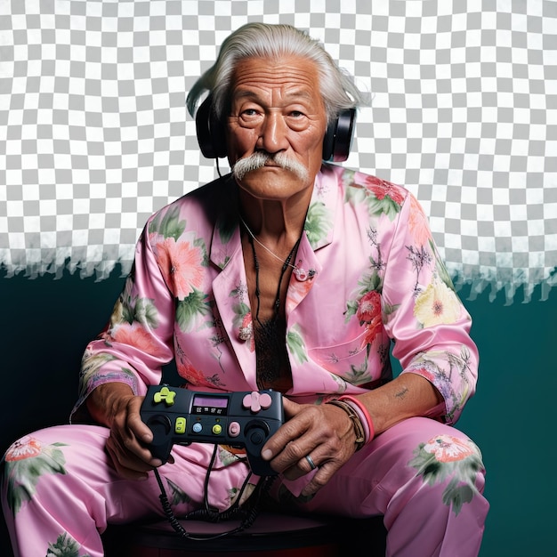 PSD un uomo anziano malinconico con i capelli biondi dell'etnia asiatica orientale vestito con abiti da videogioco sulle console posa in un arco posteriore con le mani sulle cosce contro una schiena verde pastello