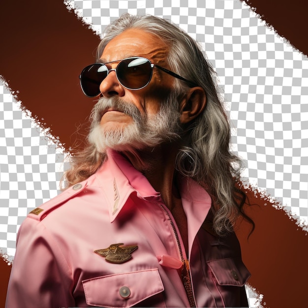PSD a melancholic senior man with long hair from the hispanic ethnicity dressed in air traffic controller attire poses in a dramatic shadow play style against a pastel peach background