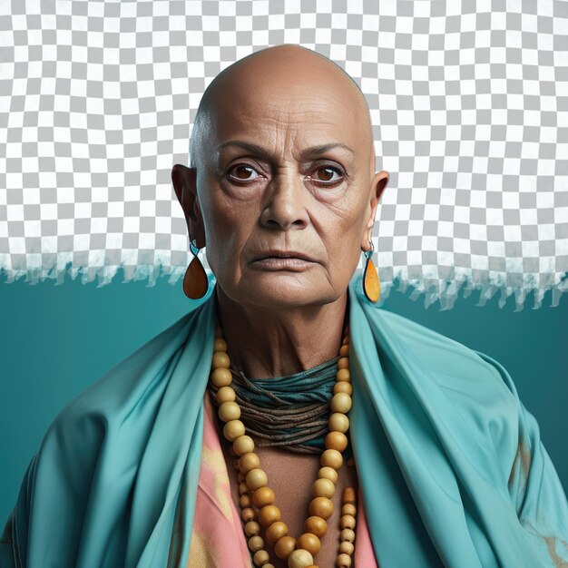 A melancholic senior woman with bald hair from the aboriginal australian ethnicity dressed in drawing comics attire poses in a intense direct gaze style against a pastel teal background