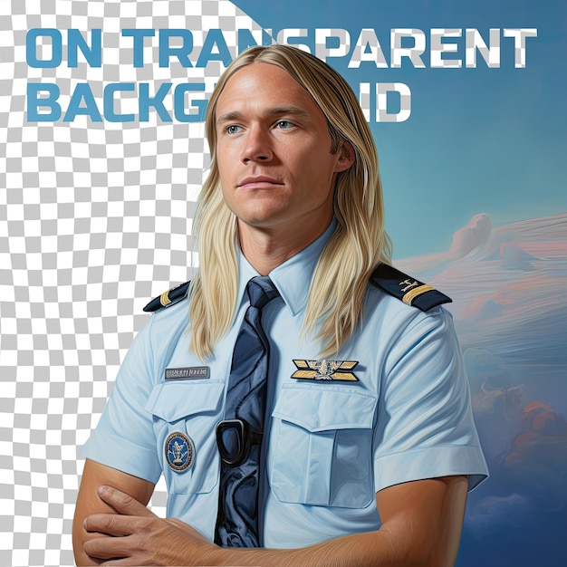 PSD a melancholy pilot pacific islander man blonde hair brushing hand pastel periwinkle background