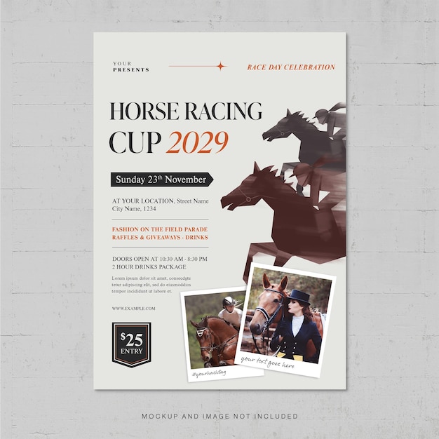 Modello di volantino della melbourne cup evento di corse di cavalli v9 in photoshop psd