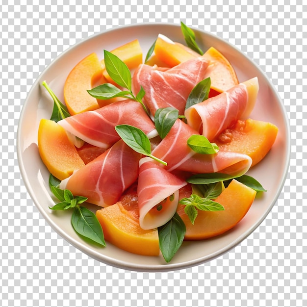 PSD melon slice with ham and basil on transparent background