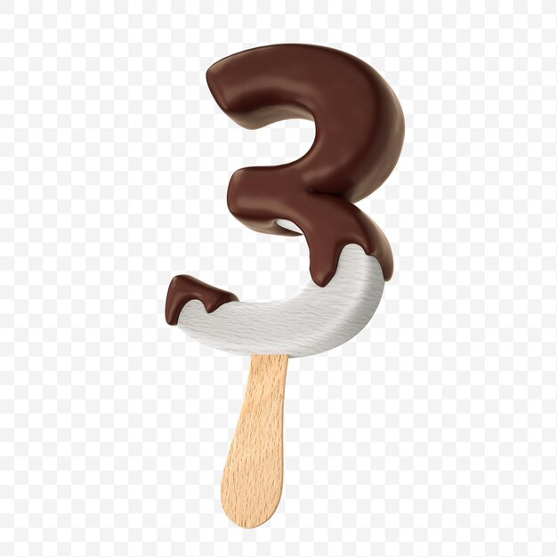 Melted vanilla ice cream with dark milk chocolate alphabet number 3 isolated design