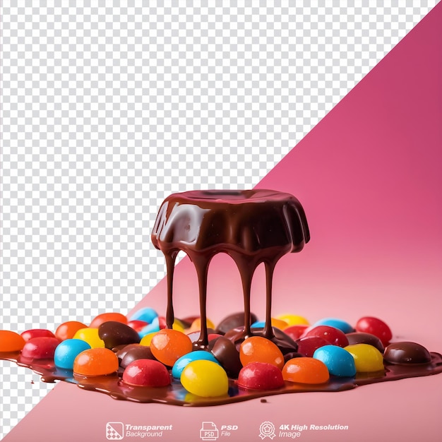 PSD melting chocolate poured on candies over transparent background isolated