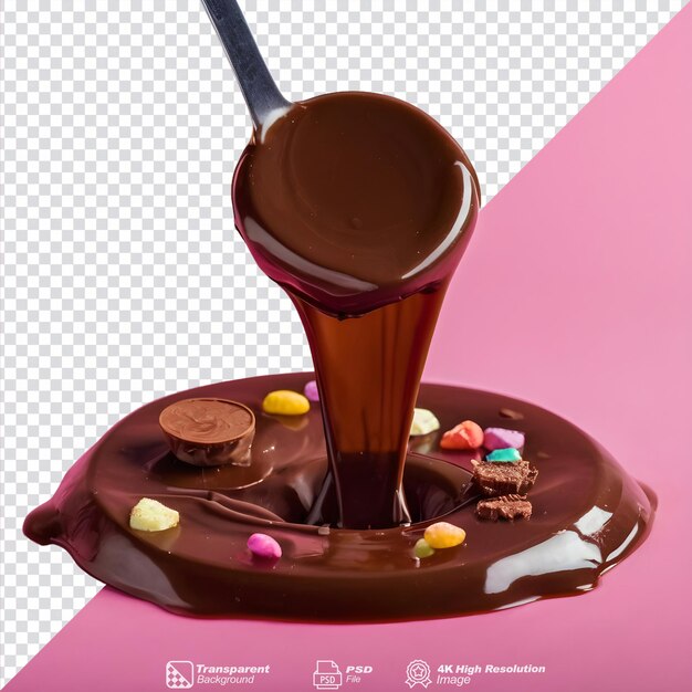 PSD melting chocolate poured on candies over transparent background isolated