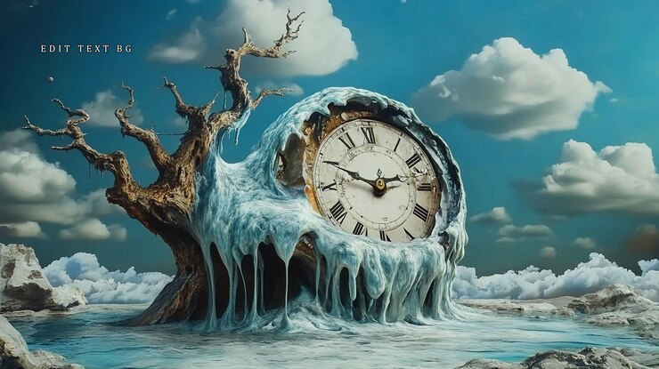 PSD melting clock encased in ice surreal landscape with a dead tree