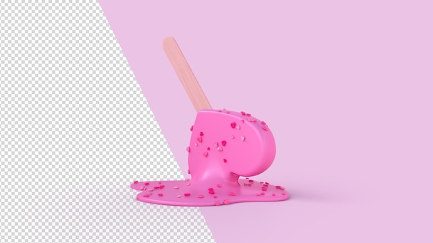 Gelato rosa fondente con molti cuori di zucchero rendering 3d