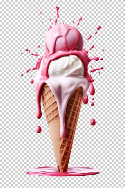 Melting strawberry and vanilla ice cream isolated on transparent background