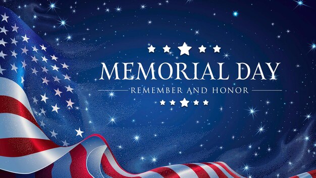 PSD memorial day american flag with wavy ribbon happy independence day background template