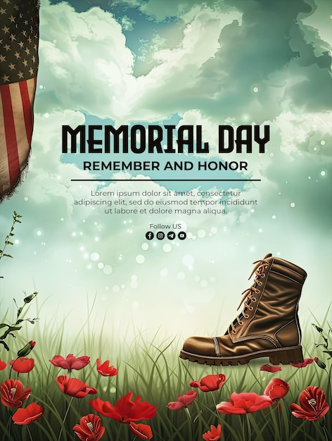 PSD memorial day poster template with american flag background