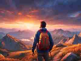 PSD men hiking mountain peak enjoying nature beauty in sunset glow