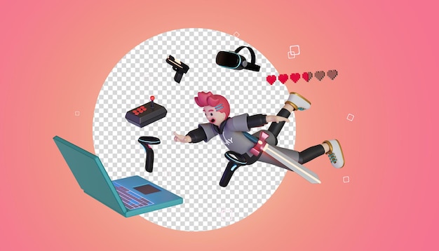 PSD men is floating in the sky with his gaming gear ready to enter the metaverse world