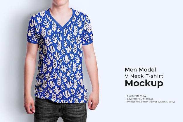 Men model v neck t shirt mockup