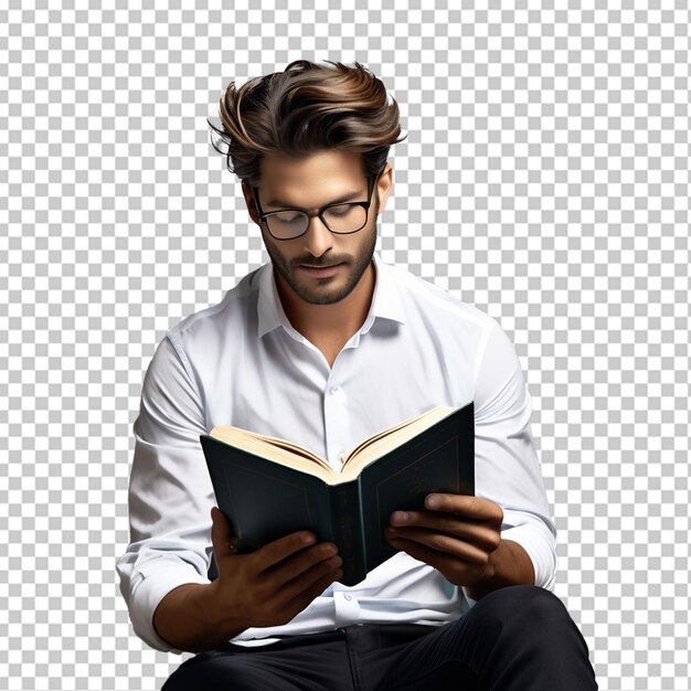 A men who waering glasses and reading book with png background