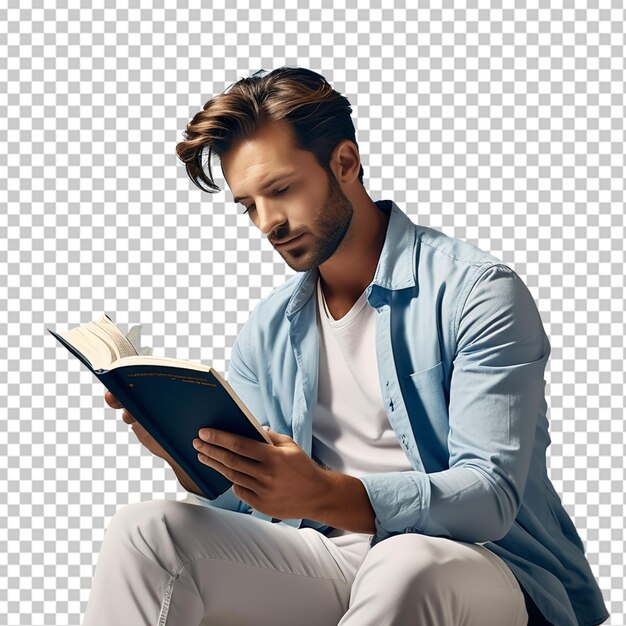 PSD a men who waering glasses and reading book with png background