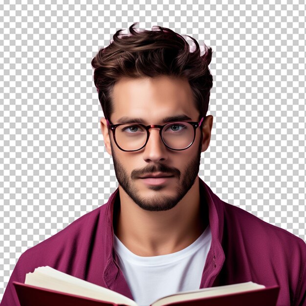 PSD a men who waering glasses and reading book with png background