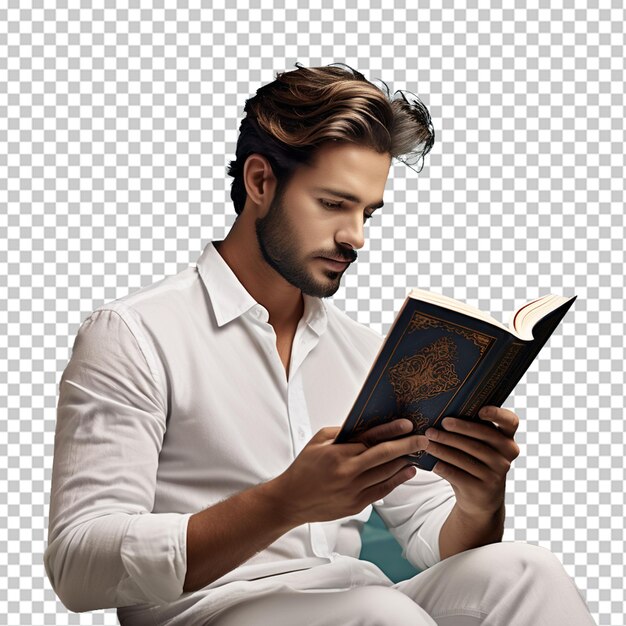 PSD a men who waering glasses and reading book with png background