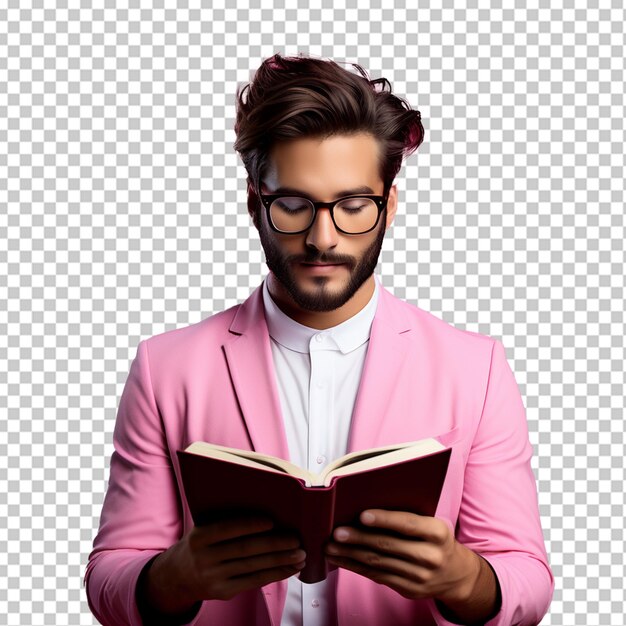 A men who waering glasses and reading book with png background