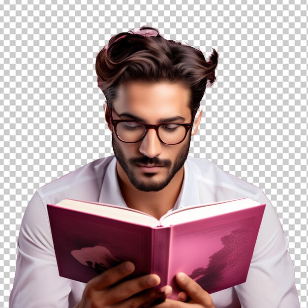 A men who waering glasses and reading book with png background