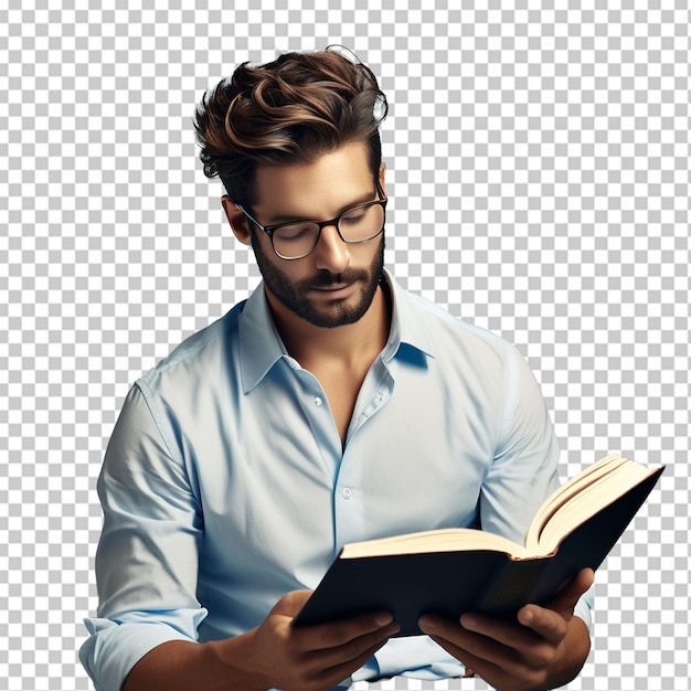 PSD un uomo che porta gli occhiali e legge un libro con sfondo png