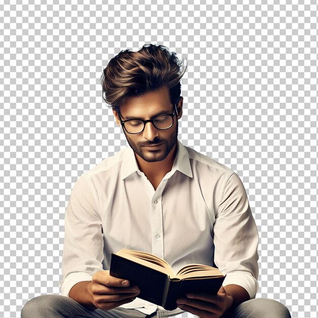 PSD a men who waering glasses and reading book with png background