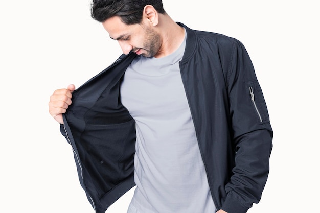 men39s blue tshirt mockup psd with navy jacket streetwear shoot