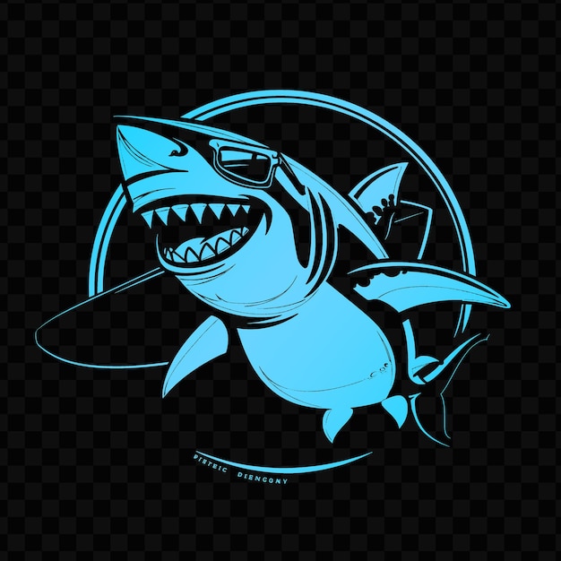 Menacing shark animal mascot logo with surfboard and sunglas psd vector tshirt tattoo ink art