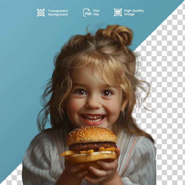 PSD menina feliz com hamburguer szczęśliwe dzieci dziewczyna z burgerem