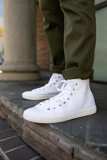 Mens ankle sneakers mockup psd white street style apparel shoot