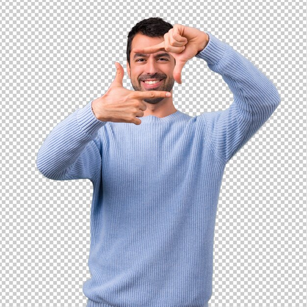 Mens met blauw sweater het concentreren gezicht. Kader symbool
