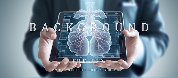 PSD menselijk orgaanvervoer op een digitaal tablet dat door een futuristische dokter wordt gehouden