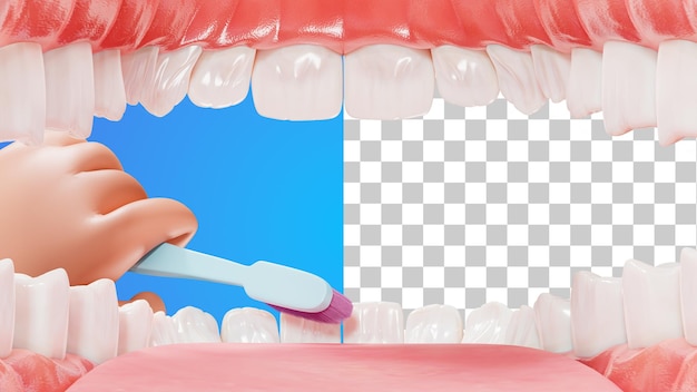 Menselijke tanden en hand met een tandenborstel mondhygiëne 3d-rendering pediatrische tandheelkunde