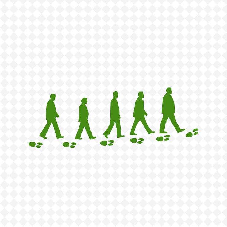PSD mensen die in een rij lopen met groene schaduwen op een witte achtergrond