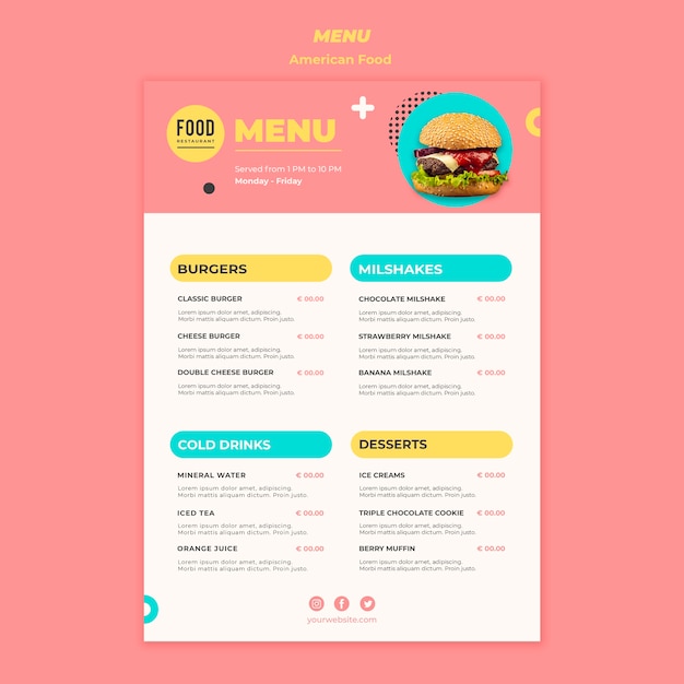 PSD menu per cibo americano con hamburger