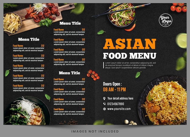 "open"이라는 단어가 있는 아시아 음식 메뉴 메뉴입니다.