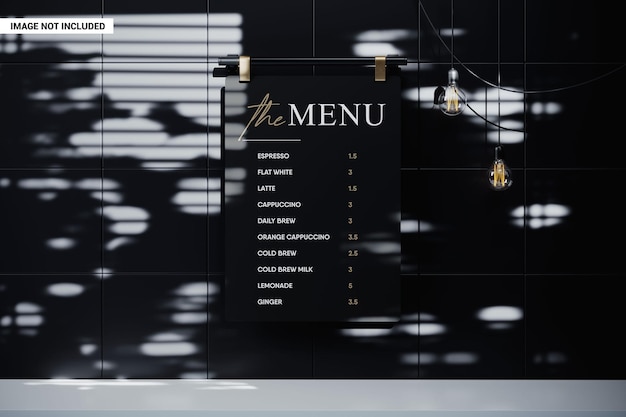 PSD menu board on the black wall of the cafe mockup