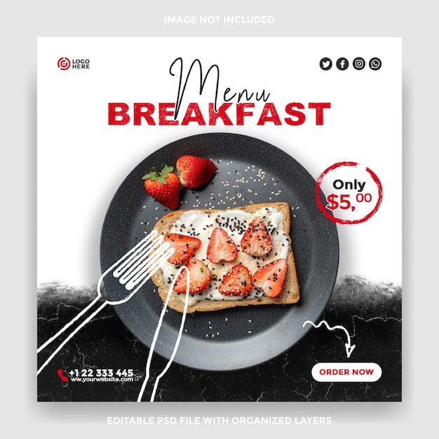 PSD Меню завтрака в социальных сетях пост шаблон продажи еды