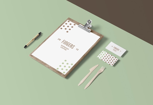 Menu and business card mockups isolated