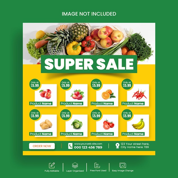 Menu cen artykułów spożywczych post w mediach społecznościowych i baner na instagramie w supermarkecie lub szablon projektu menu