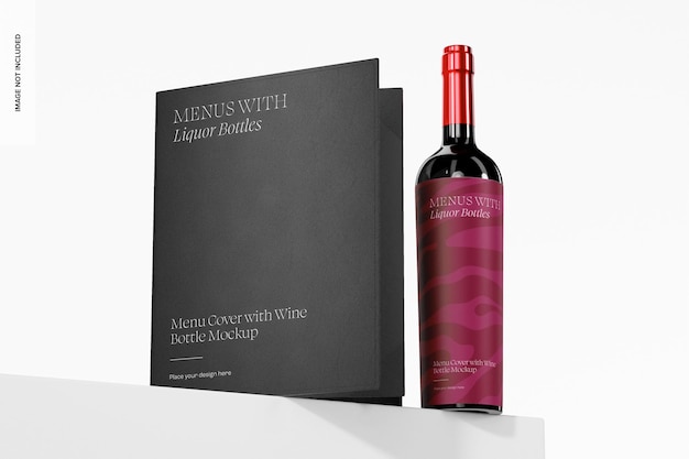 PSD menu cover with wine bottle mockup, low angle view