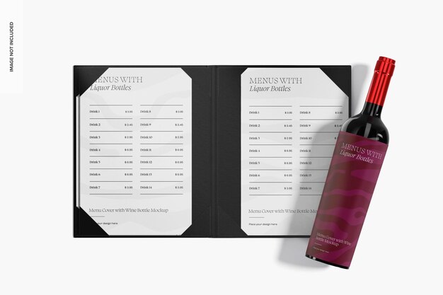 Menu cover with wine bottle mockup, top view