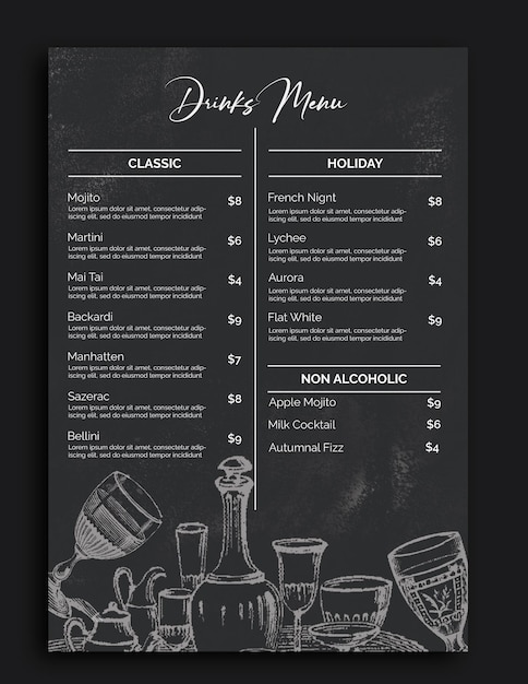 Menu dla restauracji z tłem tablicy.