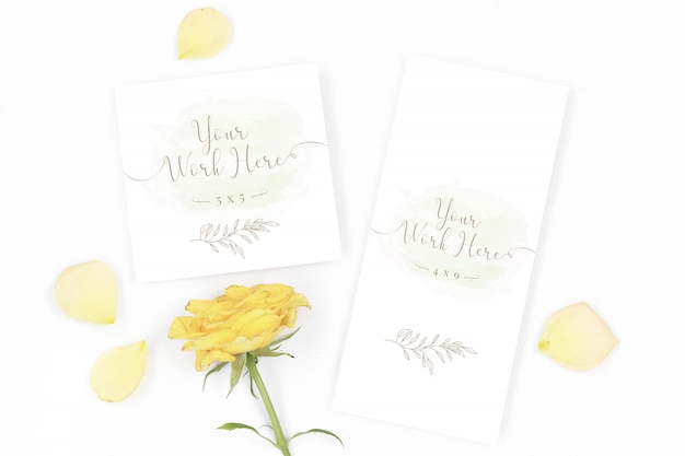 Menu en bedankkaart mockup met gele rozen