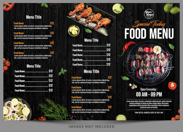 A menu for a food stall with pictures on the top