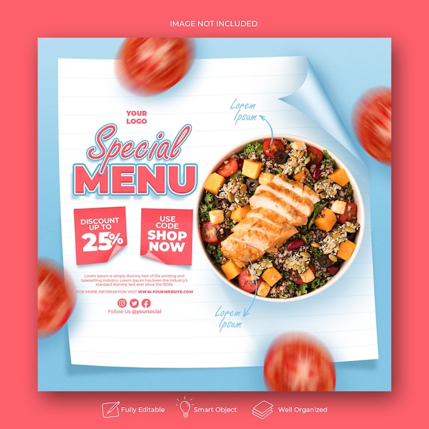 PSD Шаблон меню еды для продвижения в социальных сетях
