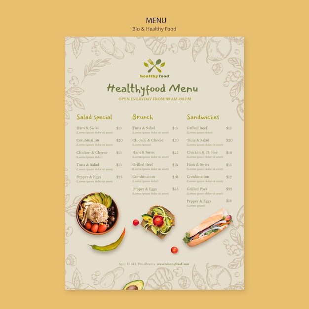 Menu of healthy and bio food template